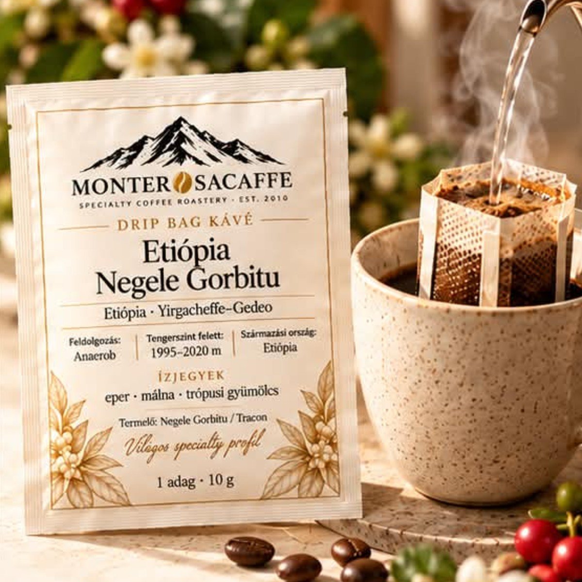 MONTEROSACAFFE Drip Bag – Etiópia Negele Gorbitu egyadagos specialty filterkávé
